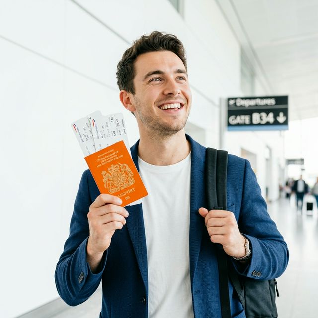 Happy student holding passport and plane tickets